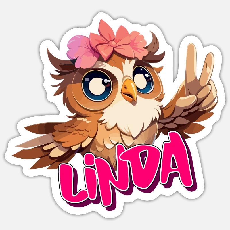 LINDA - Schöner Mädchen Name mit süßer EULE Sticker Größe S (10 x 10 cm)