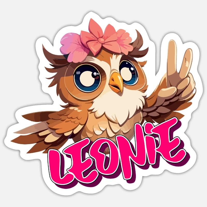 LEONIE - Schöner Mädchen Name mit süßer EULE - Sticker Größe S (10 x 10 cm) - Mattweiß