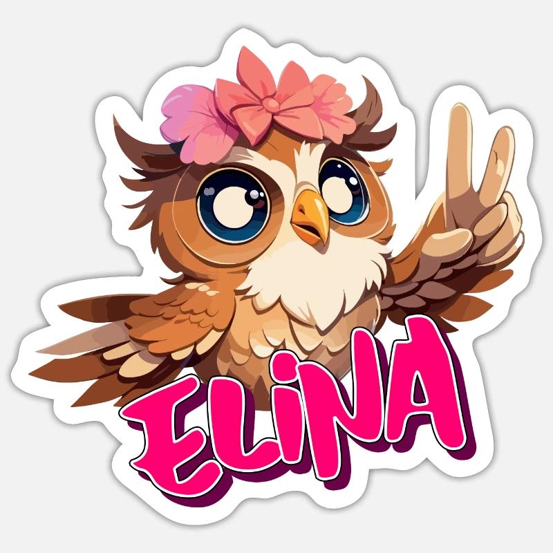 ELINA - Schöner Mädchen Name mit süßer EULE - Sticker Größe S (10 x 10 cm) - Mattweiß