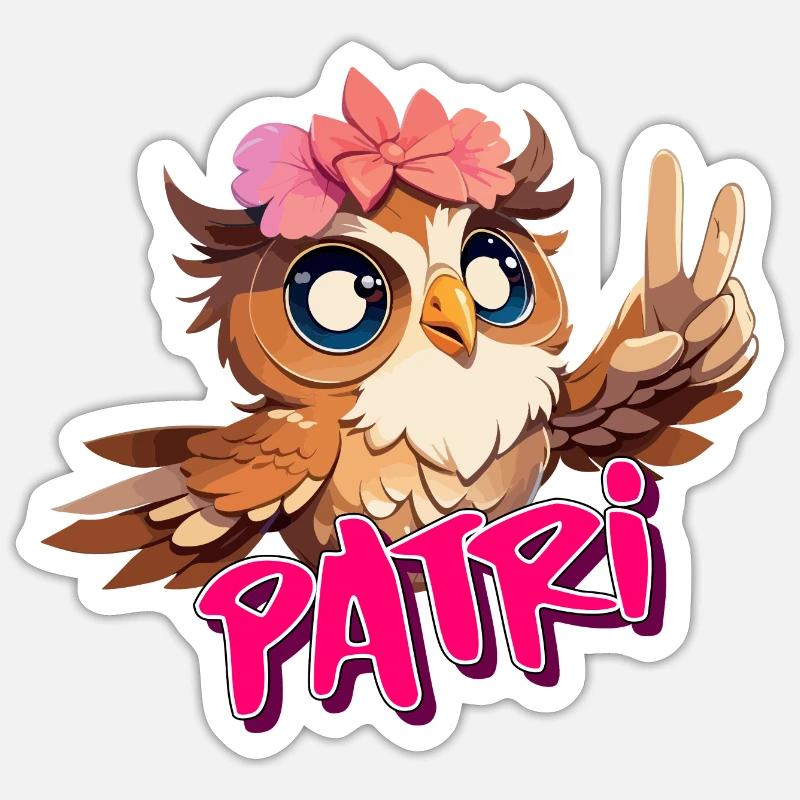 PATRI - Schöner Mädchen Name mit süßer EULE - Sticker Größe S (10 x 10 cm) - Mattweiß