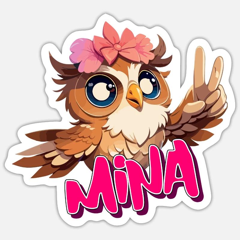 MINA - Schöner Mädchen Name mit süßer EULE Sticker Größe S (10 x 10 cm)