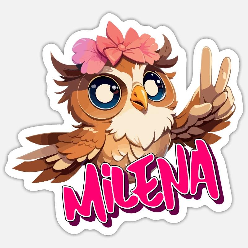 MILENA - Schöner Mädchen Name mit süßer EULE - Sticker Größe S (10 x 10 cm) - Mattweiß
