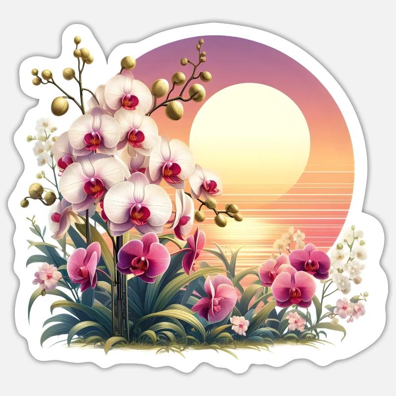 Coucher de soleil sur les orchidées - Sticker taille S (10 x 10 cm) - blanc mat
