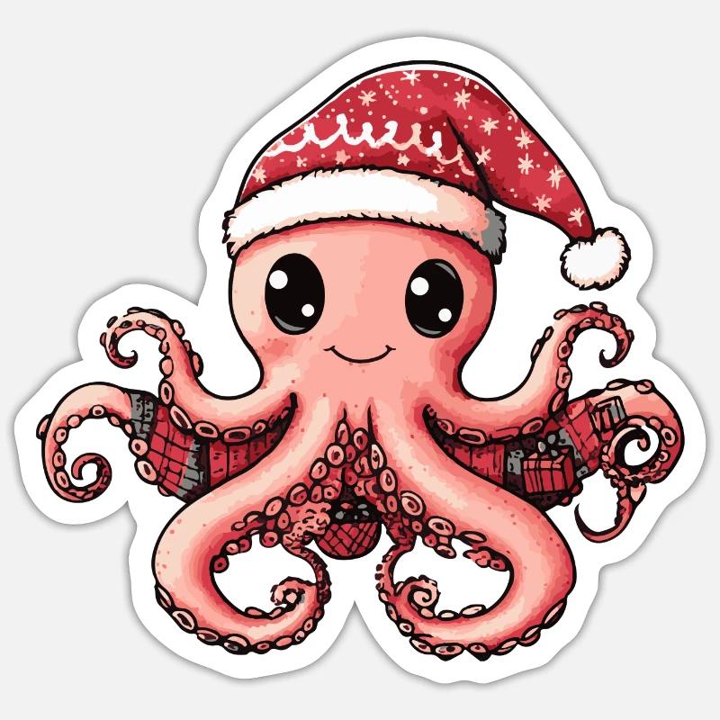 Noël de poulpe - Sticker taille S (10 x 10 cm) - blanc mat