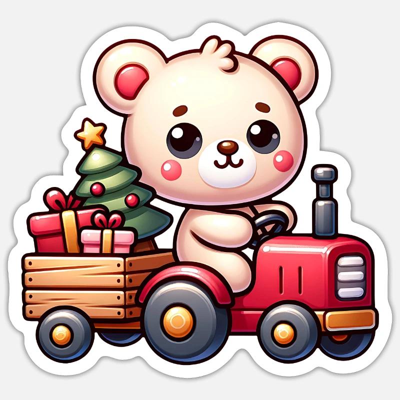 Teddy als Weihnachtsmann mit Traktor - Sticker Größe S (10 x 10 cm) - Mattweiß