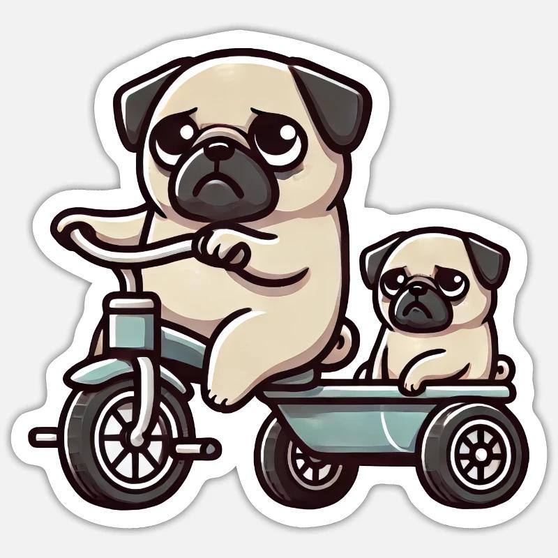 Mops auf Dreirad Anhänger Freundschaft Lustig - Sticker Größe S (10 x 10 cm) - Mattweiß