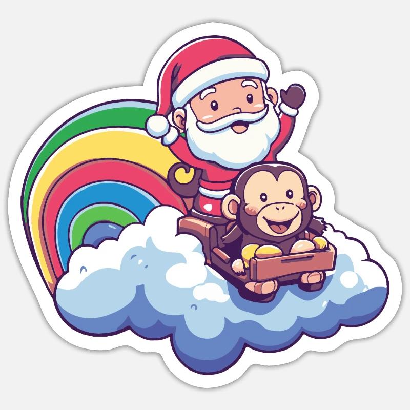Singe Père Noël Arc-en-ciel - Sticker taille S (10 x 10 cm) - blanc mat