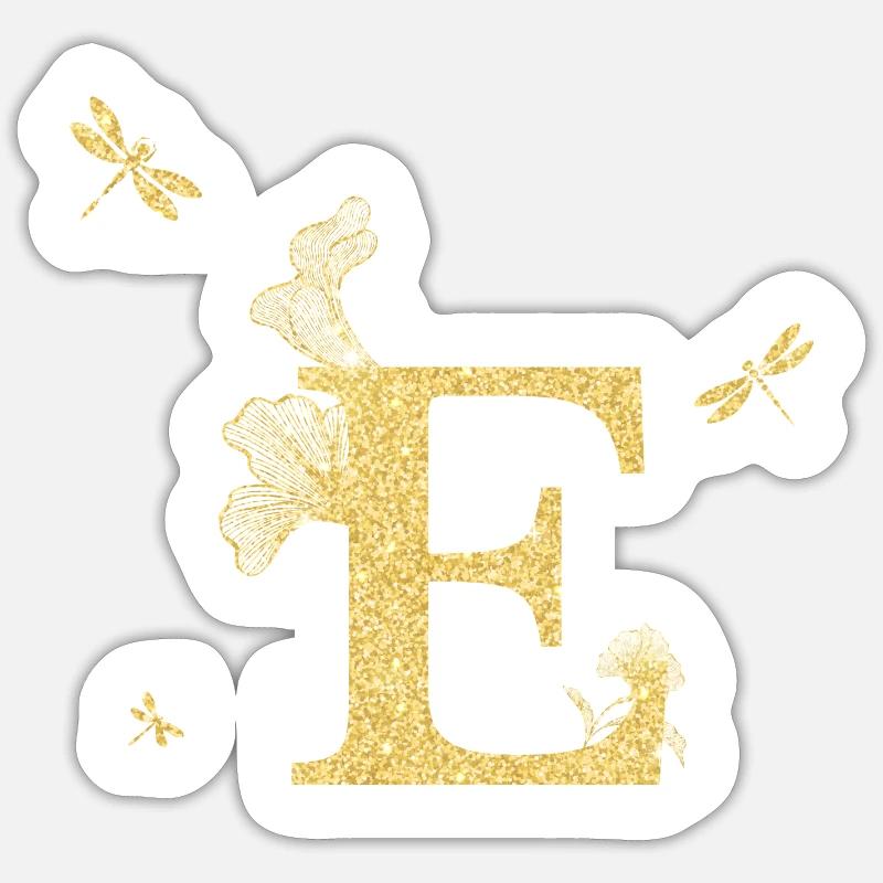 Buchstabe e goldene Glitzerlibelle - Geschenkidee - Sticker Größe S (10 x 10 cm) - Mattweiß