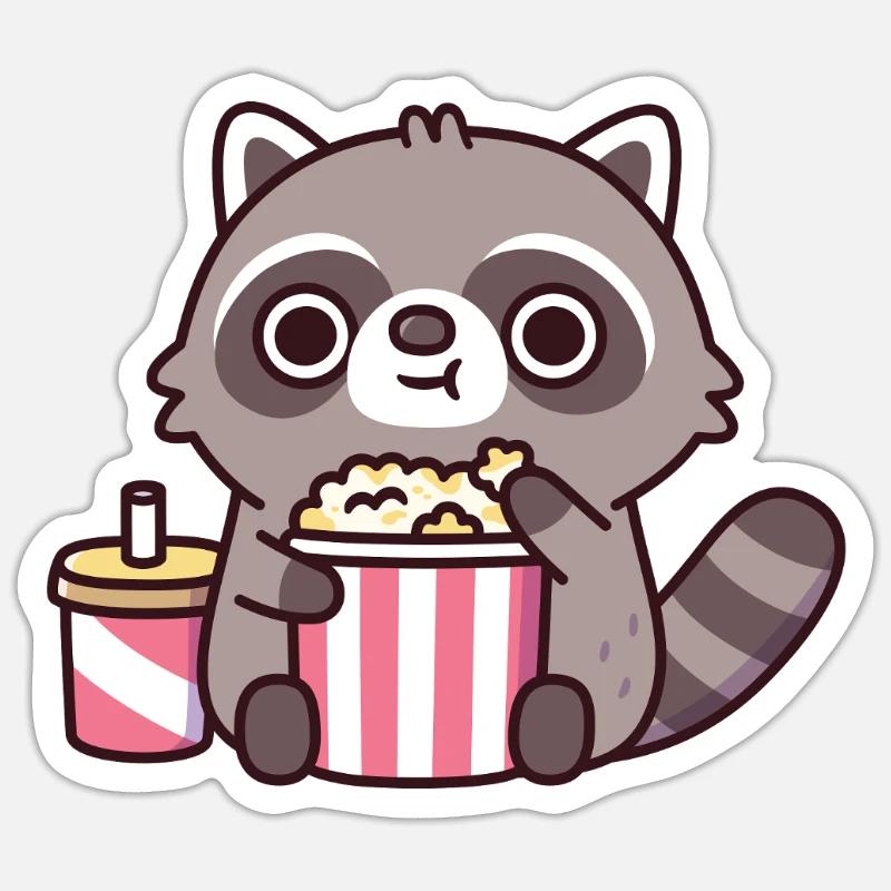 Süßer Waschbär, Der Popcorn Isst Und Trinkt Limonade - Sticker Größe S (10 x 10 cm) - Mattweiß