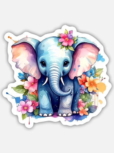 Elefant,Graffiti, bunt, Malerei,blumen - Sticker Größe S (10 x 10 cm) - Mattweiß
