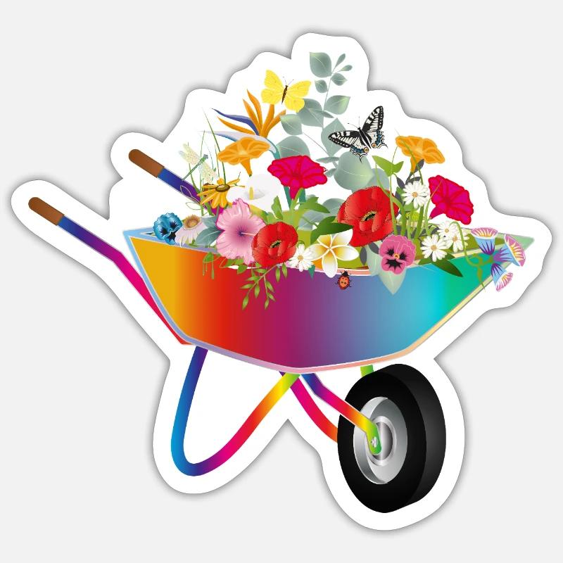 Brouette colorée avec des fleurs Sticker taille S (10 x 10 cm)