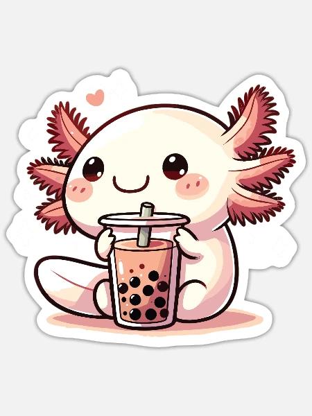 Axolotls trinken Bubble Tea kawaii Boba Axolotl - Sticker Größe S (10 x 10 cm) - Mattweiß
