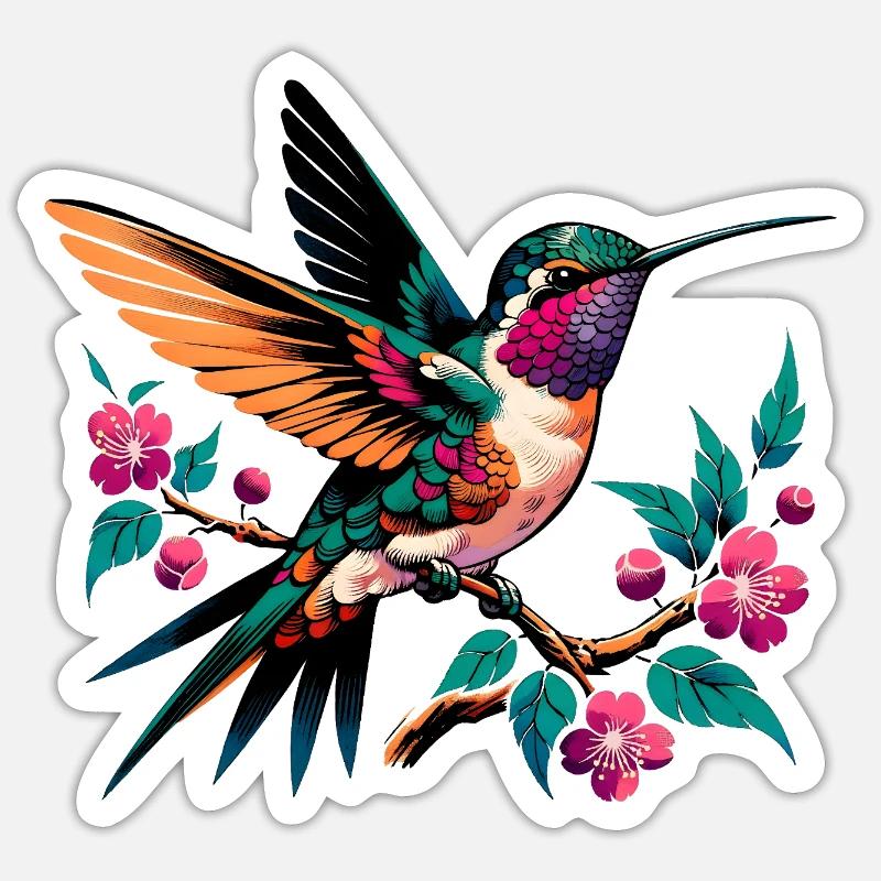 Lebendiger Kolibri auf blühendem Ast - Sticker Größe S (10 x 10 cm) - Mattweiß