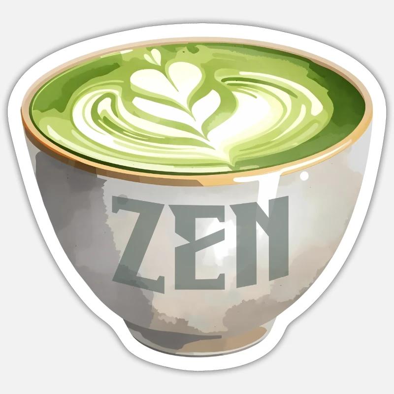 Zen Matcha Latte Aquarelle - Sticker taille S (10 x 10 cm) - blanc mat