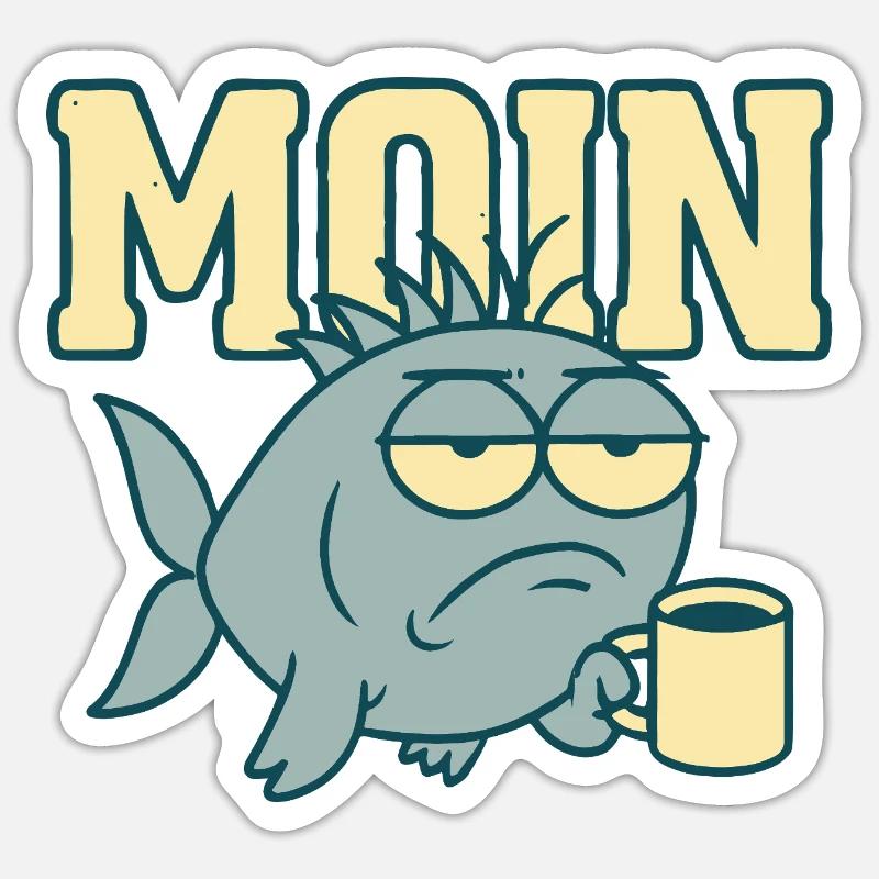 Moin Müder Hai mit Kaffee - Sticker Größe S (10 x 10 cm) - Mattweiß