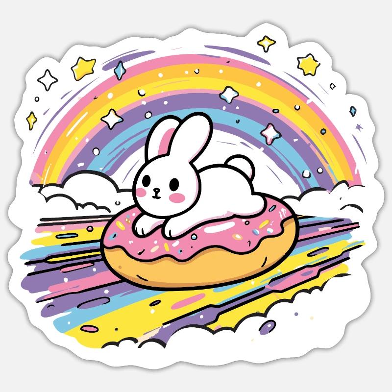 Lapin sur un arc-en-ciel de beignets - Sticker taille S (10 x 10 cm) - blanc mat