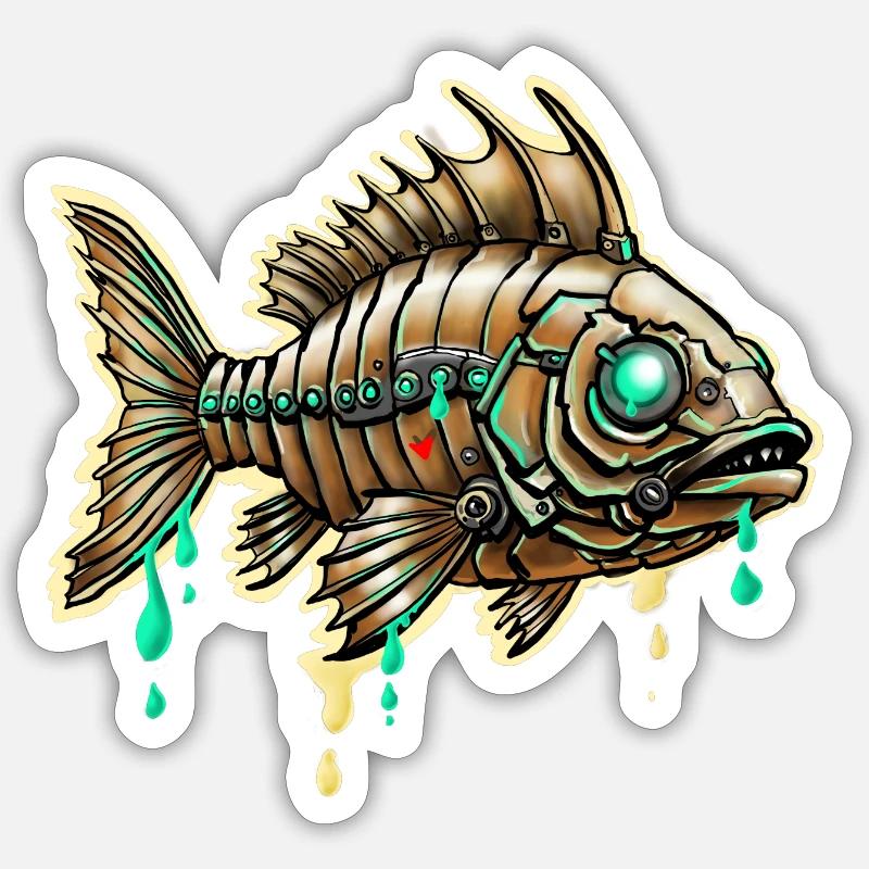 Poisson Steampunk cybernétique - Sticker taille S (10 x 10 cm) - blanc mat