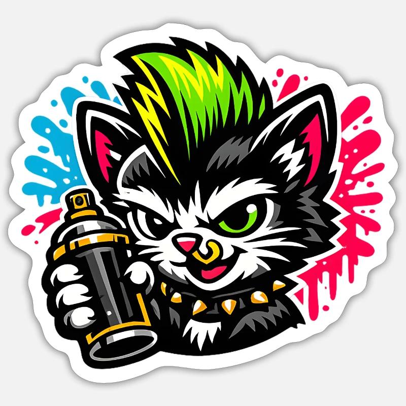 Graffiti Katze Sprühpunk - Sticker Größe S (10 x 10 cm) - Mattweiß