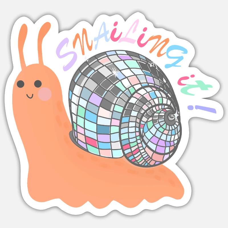Snailing It! – Bunte Schnecke mit Disco-Kugel - Sticker Größe S (10 x 10 cm) - Mattweiß