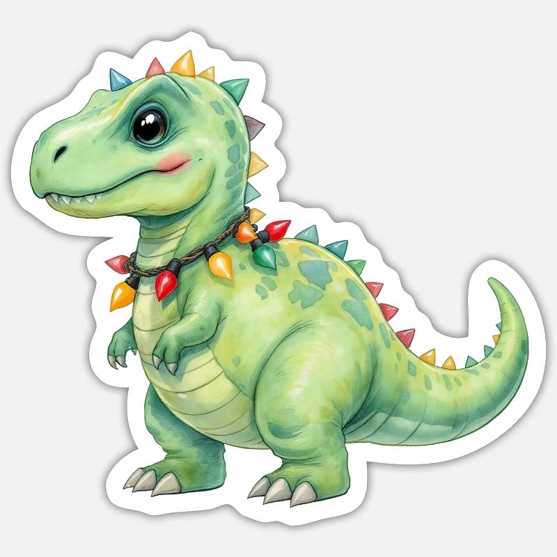 Bunter Dino mit Lichterkette - Sticker Größe S (10 x 10 cm) - Mattweiß