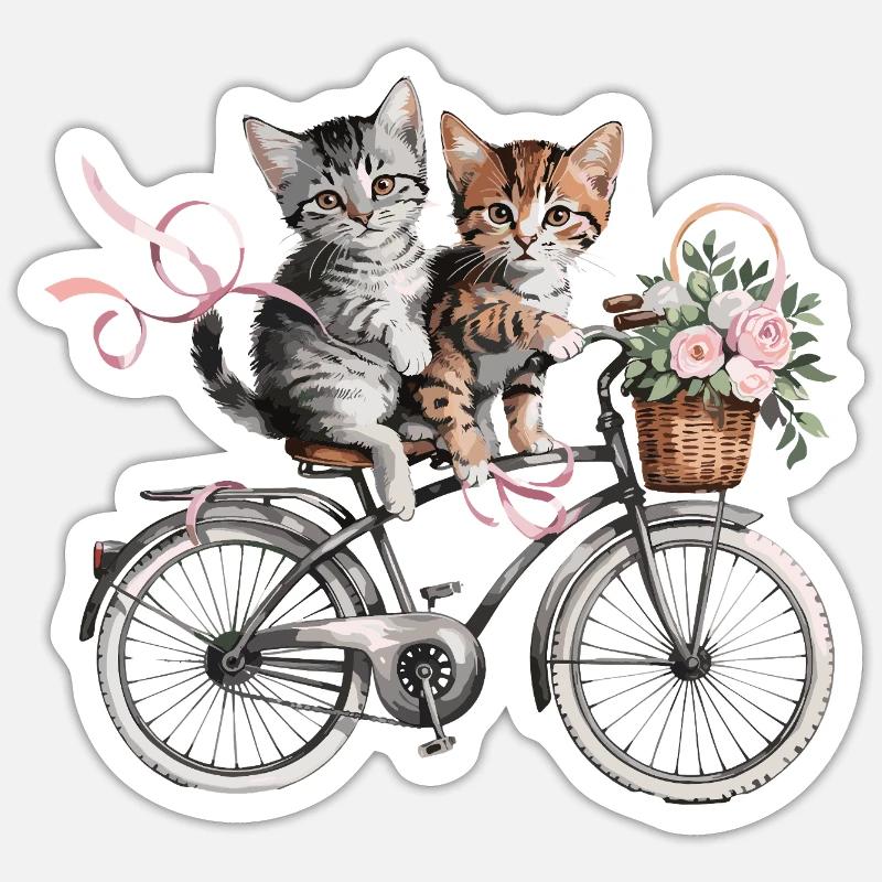 Des chatons mignons sur le vélo avec un panier de fleurs Sticker taille S (10 x 10 cm)