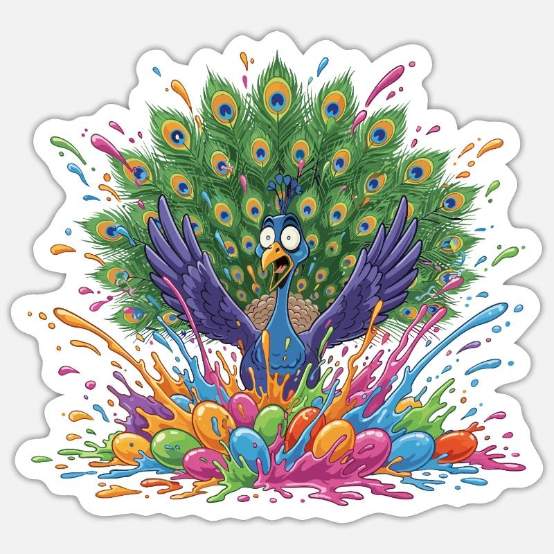 Pfau mit Farbschleuder-Panorama - Sticker Größe S (10 x 10 cm) - Mattweiß