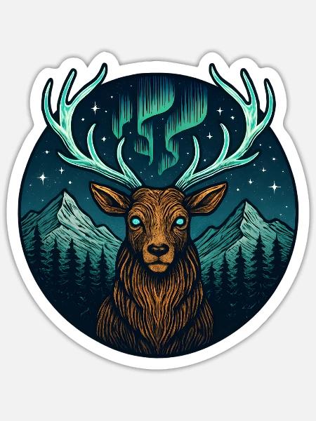 Nachtwald Hirsch mit Nordlicht-Geweih - Sticker Größe S (10 x 10 cm) - Mattweiß