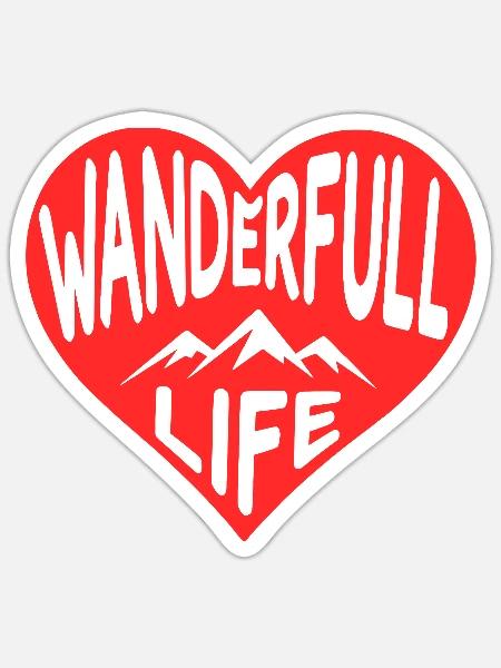 Wanderfull Life, Wander-Herz mit Bergsilhouetten - Sticker Größe S (10 x 10 cm) - Mattweiß