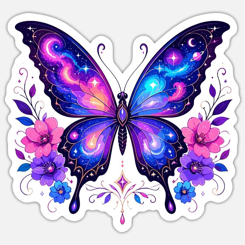 Papillon Galaxie aux Fleurs - Sticker taille S (10 x 10 cm) - blanc mat