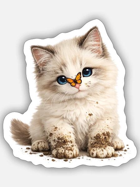 Kleines süßes Kätzchen mit Schlammpfoten - Sticker Größe S (10 x 10 cm) - Mattweiß