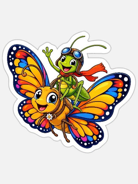 Schmetterling und Grashüpfer - Sticker Größe S (10 x 10 cm) - Mattweiß