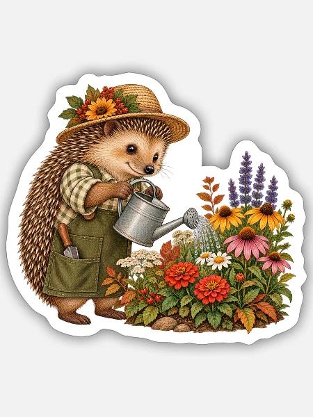 Igel gießt Gartenblumen - Sticker Größe S (10 x 10 cm) - Mattweiß