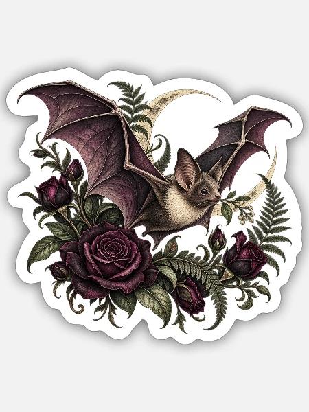 Gothic-Fledermaus mit dunklen Rosen - Sticker Größe S (10 x 10 cm) - Mattweiß