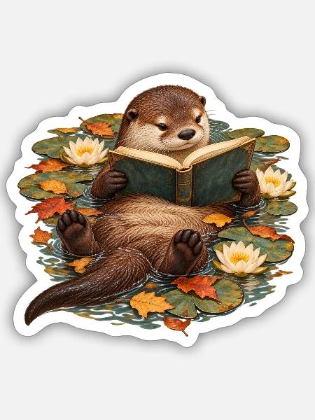 Otter liest im Herbstteich - Sticker Größe S (10 x 10 cm) - Mattweiß