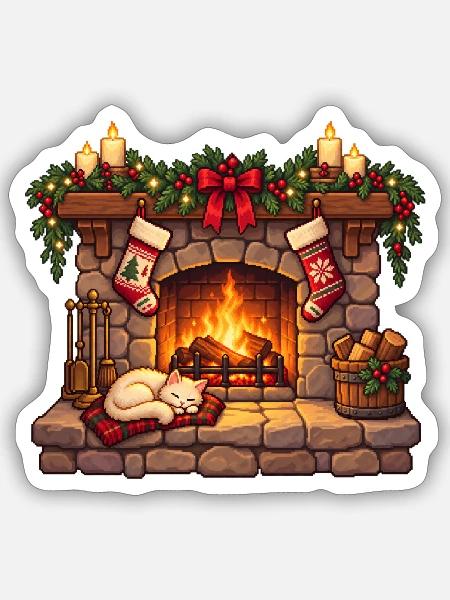 Kaminromantik mit Katzenfell - Sticker Größe S (10 x 10 cm) - Mattweiß