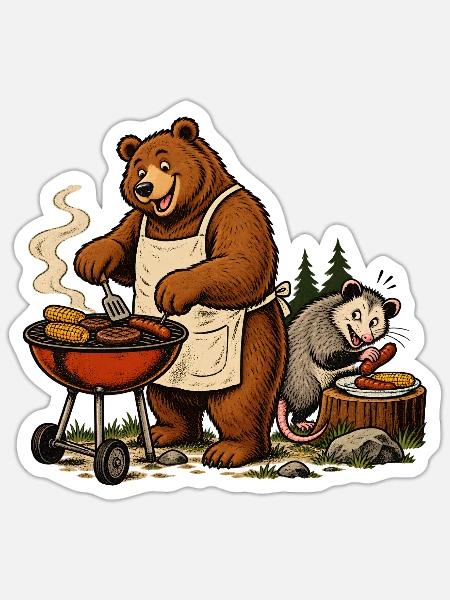 Bär & Opossum beim Grillen – Grillfreunde - Sticker Größe S (10 x 10 cm) - Mattweiß