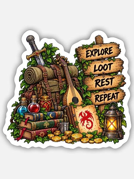 Abenteuer Loot Rast Wiederholen - Sticker Größe S (10 x 10 cm) - Mattweiß