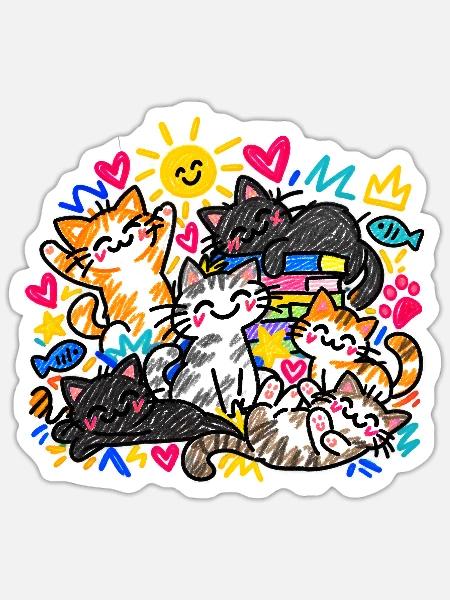 Katzen Doodle Katzenliebe Bunte Katzen Geschenk - Sticker Größe S (10 x 10 cm) - Mattweiß