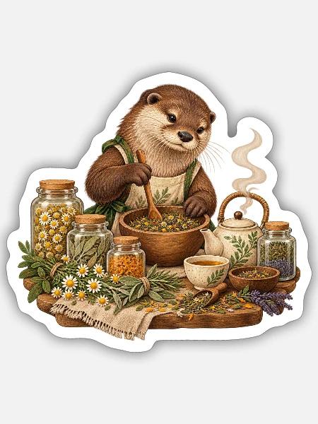 Otter mischt Kräutertee - Sticker Größe S (10 x 10 cm) - Mattweiß