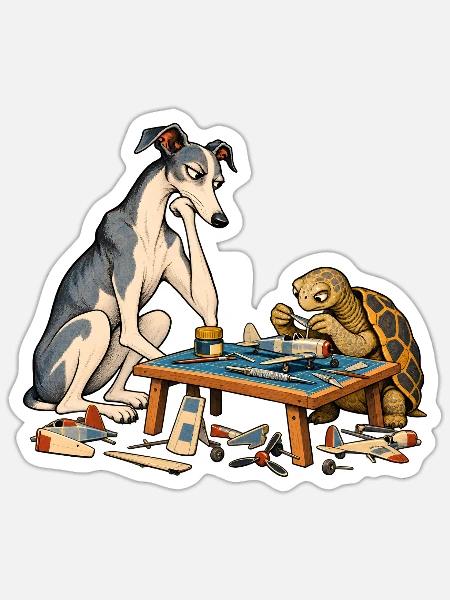 Windhund und Schildkröte beim Modellbau - Sticker Größe S (10 x 10 cm) - Mattweiß