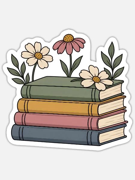 Bücher und Wildblumen - Sticker Größe S (10 x 10 cm) - Mattweiß