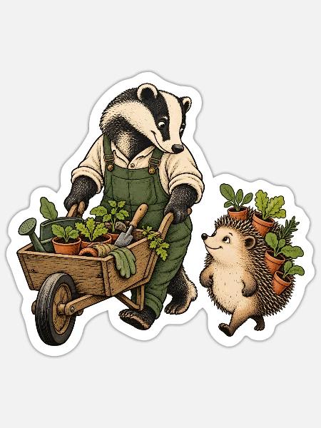 Dachs und Igel beim Gärtnern – Gartenfreunde - Sticker Größe S (10 x 10 cm) - Mattweiß