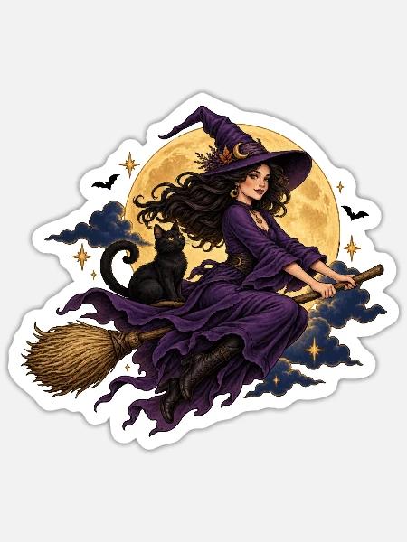 RobVibe Mondscheinhexe mit schwarzer Katze - Sticker Größe S (10 x 10 cm) - Mattweiß