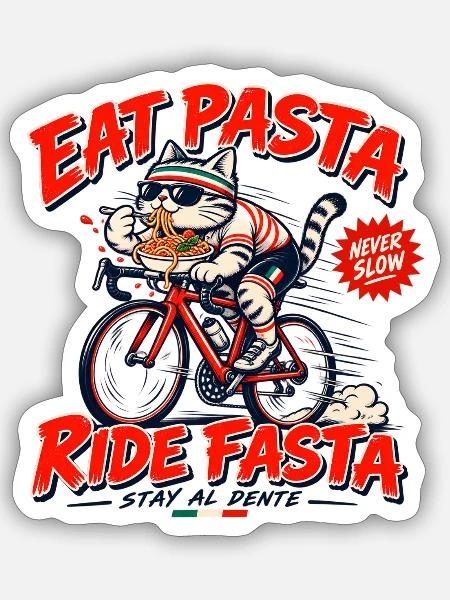 Eat Pasta Ride Fasta – Katze auf dem Rennrad - Sticker Größe S (10 x 10 cm) - Mattweiß
