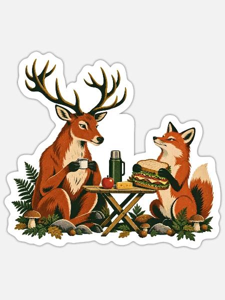 Rotwild und Fuchs beim Waldfrühstück - Sticker Größe S (10 x 10 cm) - Mattweiß