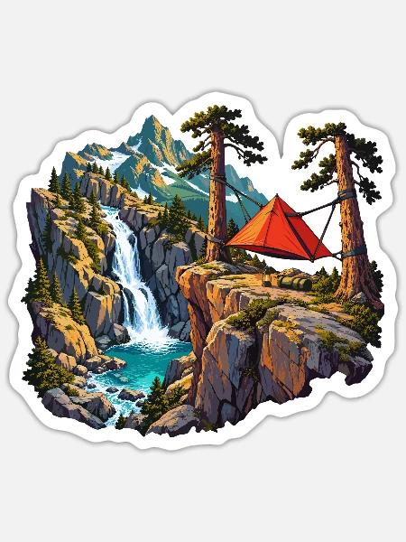 Felskessel-Camp mit Hängezelt und Wasserfall - Sticker Größe S (10 x 10 cm) - Mattweiß