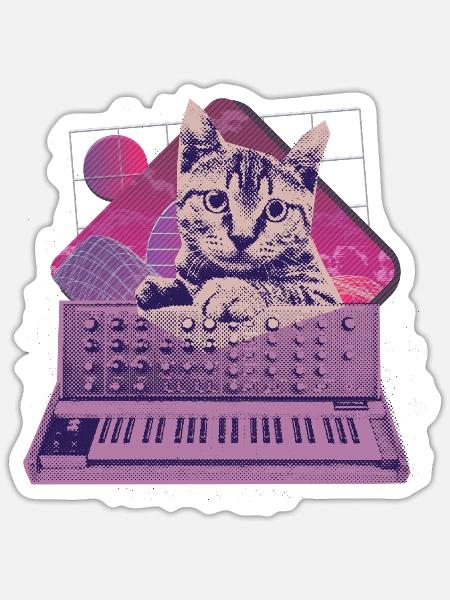 Retro Synthesizer Katze Vaporwave Aesthetic Analog - Sticker Größe S (10 x 10 cm) - Mattweiß