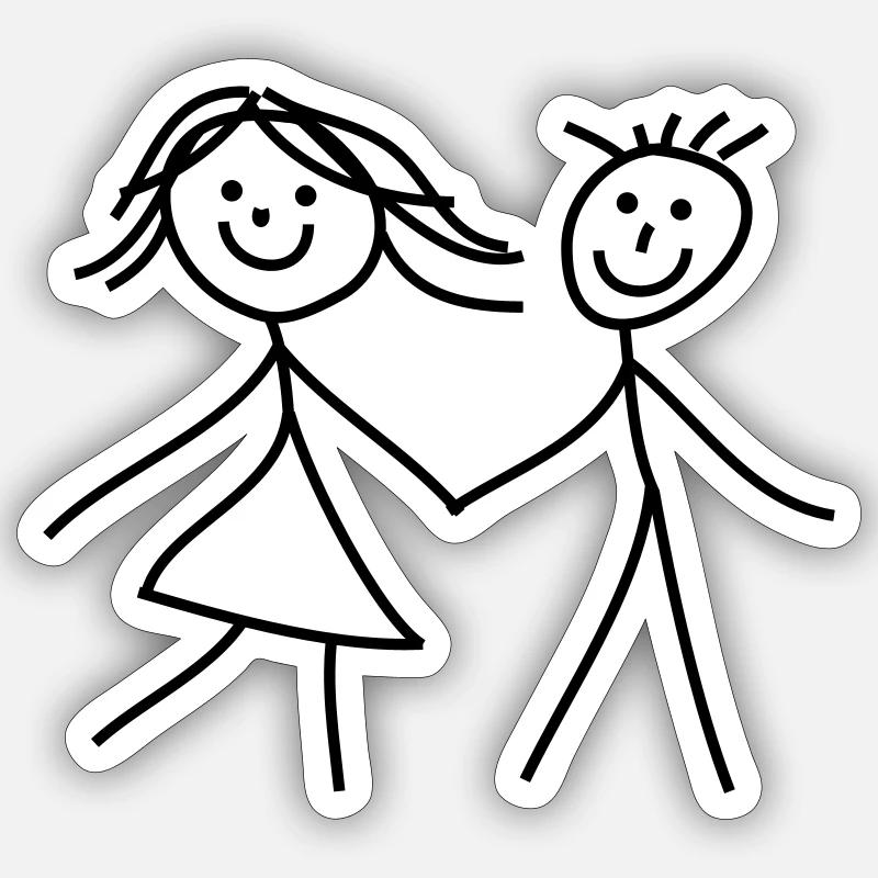 Strichmännchen Mädchen Junge Bruder Schwester - Sticker Größe S (10 x 10 cm) - Mattweiß