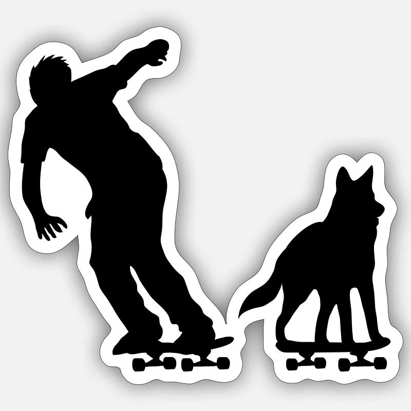 Patinage avec chien - Sticker taille S (10 x 10 cm) - blanc mat
