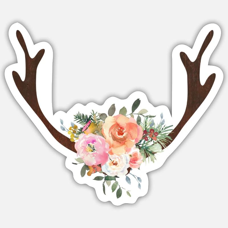 Hirsch Geweih Blumen personalisierbar - Sticker Größe S (10 x 10 cm) - Mattweiß